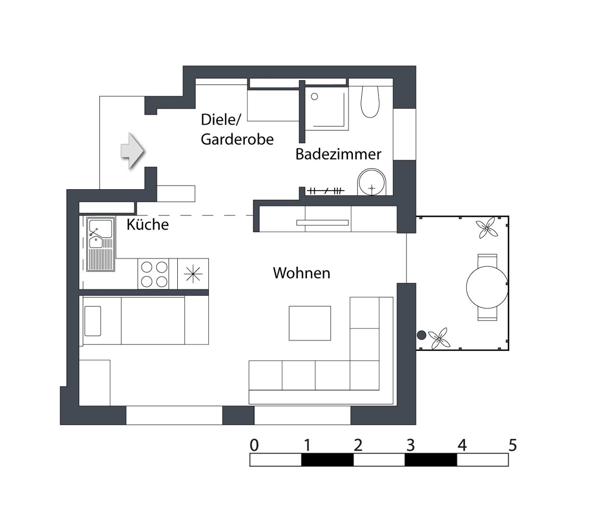 Beispielgrundriss 1-Zimmer-Apartment